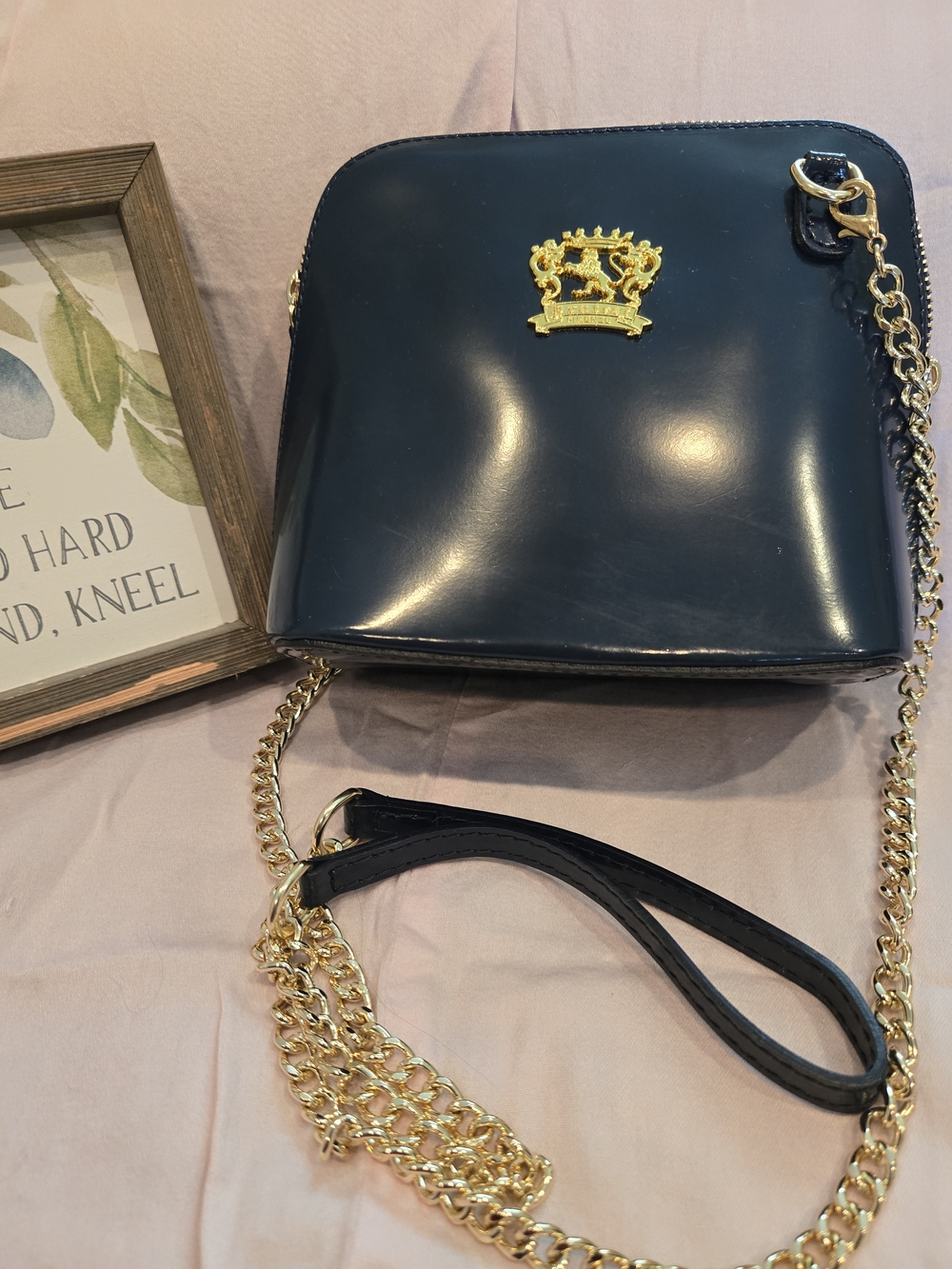 Gold-Crest Patent Navy Crossbody Bag with Chain Strap